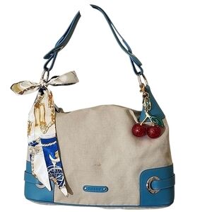 Bally Blue and Cream Canvas/ Leather Hobo Shoulder Bag